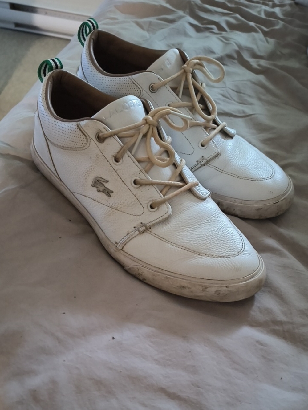 Lacoste White Leather Low-Top Sneakers with Green Heel Tabs